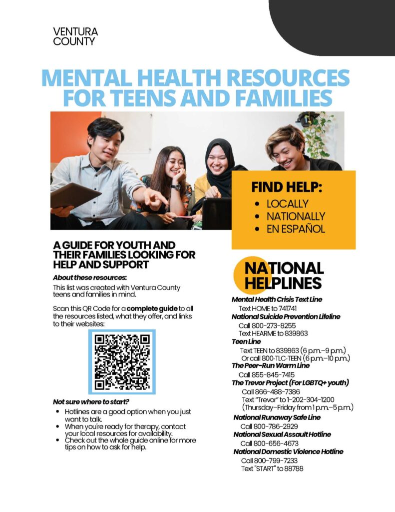 Youth of different ethnicities sitting around a laptop smiling. Ventura County Mental Health Resources for Teens and Families. A Guide for youth and their families looking for help and support. Click here for a list of local resources.