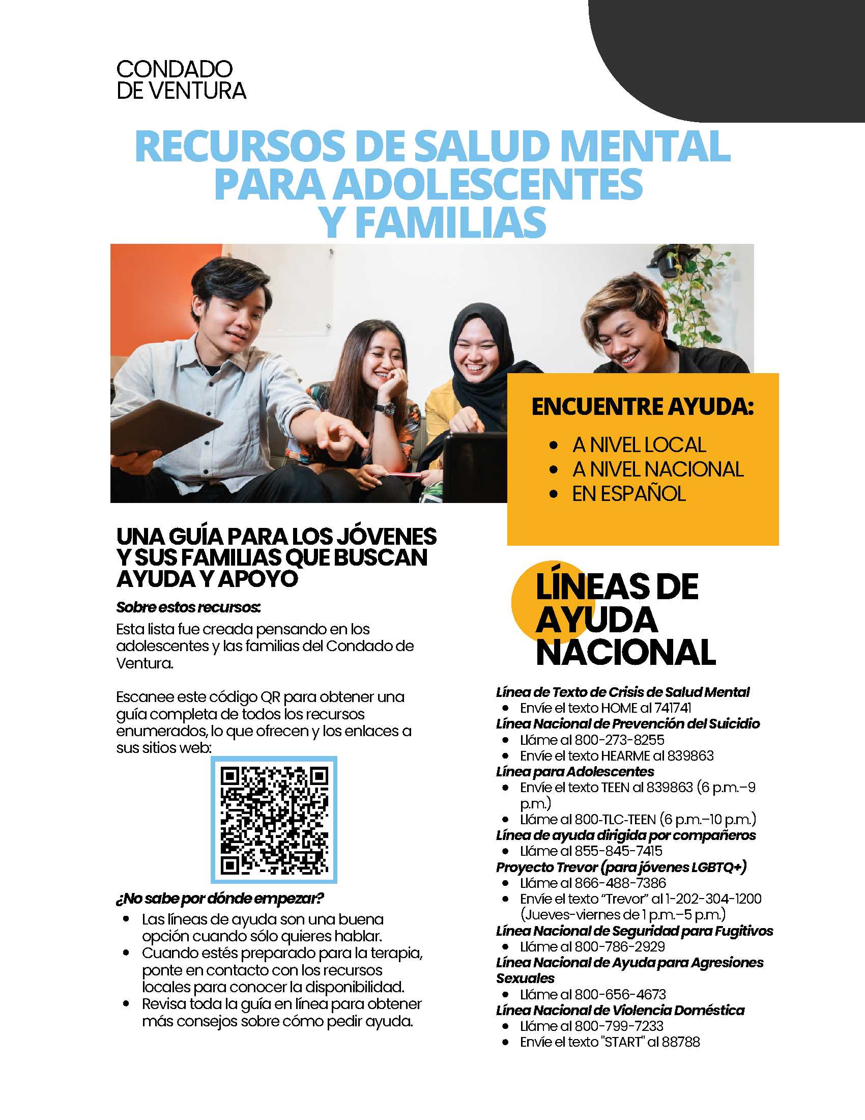 Jóvenes de diferentes etnias sentados alrededor de una laptop sonriendo. Condado de Ventura Recursos de Salus Mental para Adolescentes y Familias. Una guia para los jovenes y sus familias que buscan ayuda y apoyo. Haga clic aquí para obtener una lista de recursos locales.