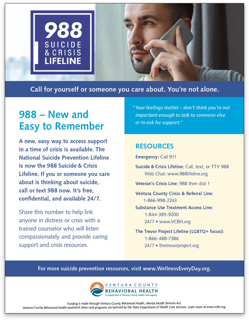 Young man on cell phone looking out window with 988 suicide and crisis lifeline information on flyer. 988 Suicide & Crisis Lifeline