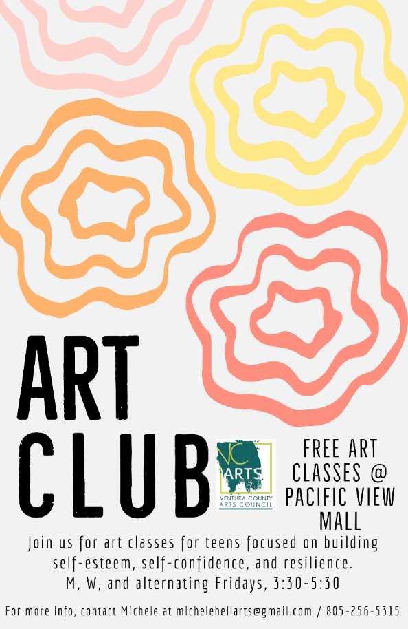 Coloridos dibujos lineales en forma de flor Ventura County Arts Council Art Club: Free art classes at Pacific View Mall. Join us for art classes for teens focused on building self-esteem, self-confidence, and resilience. Monday, Wednesday, and alternating Friday's, from 3:30-5:30 p.m. For more info, contact Michele at Michelebellarts@gmail.com / 805-256-5315.